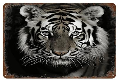 YUXBVKRS Schwarz-Weiß-Tiger-Blechschild, Metallposter für Wanddekoration, Eisen-Blechschilder mit Rost, Vintage-Retro-Stil, Männerhöhle, Bar, Kneipe, Schuppen, Geschenk, 20 x 30 cm