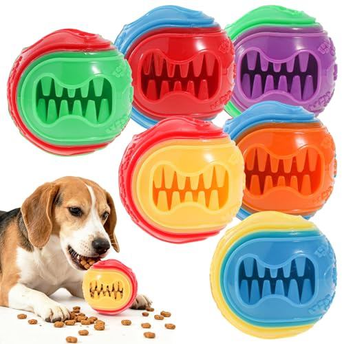 QKURT 6 Balle Jouet Chien pour Cacher Friandises, Chien Balle Caoutchouc Robuste à Mâcher,D'entraînement Interactif Distribution de Nourriture Jouet Balle,Ennui, Nettoyage des Dents, entraînement