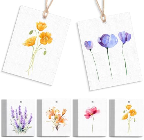 50 PCS Geschenkanhänger, Blumen Papier-Geschenkanhänger mit Loch und Schnur, Geschenk Anhänger, DIY für Geburtstag, Hochzeit, Feiertage und Verpackung