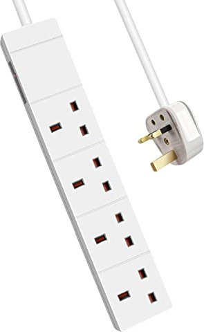 EXTRASTAR 4 Gang Extension Lead with Led Indicator and Side Switch in White, 2M Extension Cord 13A UK Plug Max 3120W, 4 Socket Power Strip for Home Office School