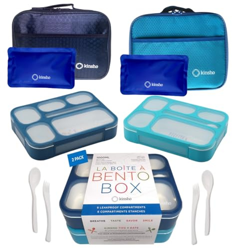 Bento Boxes with Bag and Ice Packs Set | Lunch-Box or Snack Containers for Kids Boys Girls | 6 Leakproof Compartments, Insulated Bags for School Daycare Lunches | Blue, Navy Blue Large 2 Pack