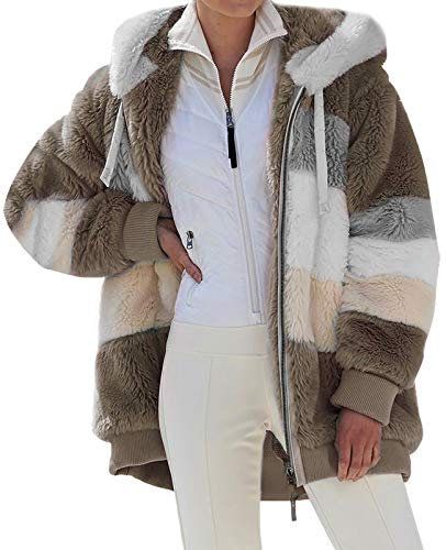 Minetom Plüschmantel Damen Plüschjacke Oversize Farbblock Mantel Mit Kapuze Verdicken Warme Outwear Reißverschluss Winterjacke Outdoor Parka mit Taschen Khaki 42