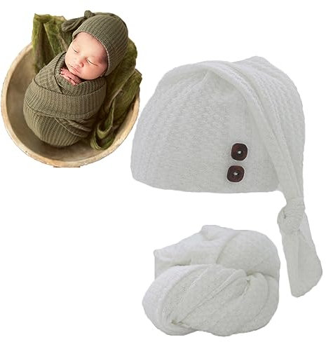 RUZHILING Neugeborenes Baby Fotografie Wrap mit langem Schwanz Hut Junge Mädchen Foto Häkeln Outfits Bild Decke Requisiten (weiß)