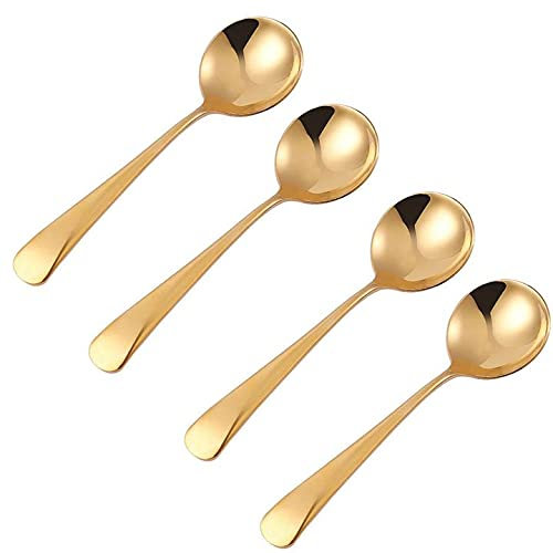 Lot de 4 cuillères à soupe dorées en acier inoxydable à grande tête ronde avec poignée lourde