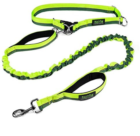Mighty Paw Hands Free Bungee Leash 2.0 | 4’ Dog Lead W/Dual Padded Traffic Handles for Running, Hiking & Jogging. Wearable Belt (27-48” Waistband) W/ 2 Attachment Loops. Pets Up to 150lb (Green)