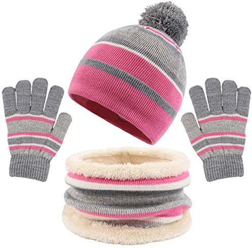 Pesaat Kinder Mütze Schal Handschuhe Set Herbst Winter Strickmütze Streifen Fleece Mützen Schals Für Mädchen Jungen (Rosa)