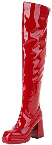 MJIASIAWA Damen Party Overknees Mode Chunky Heel Plateau Warm Lack Prom Boots Kleid Winter Abend Reitstiefel Reißverschluss Rot Gr 45 EU/47 Asiatisch