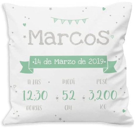 NANNUK Personalisierbares Geburtskissen mit grüner Wimpelkette für Neugeborene, personalisierbar mit Namen, Uhrzeit, Datum, Gewicht und Größe des Babys