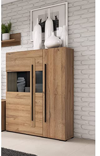 Lomadox Highboard Vitrine Eiche Grandson Nb. moderner Stil mit Absetzungen in schwarz, B/H/T: ca. 90/136/39 cm