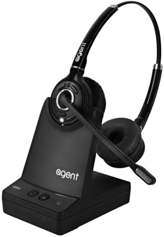 agent AW60 Dect Binaural 2-in-1 Wireless Headset with Noise Cancelling Microphone for Desk Phone and PC, 9 hour continous talok time and ultra range up to 150m (15x Bluetooth Range)