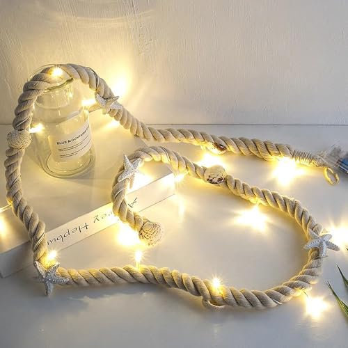 Esoes Hemp Rope String Lights, 1.5M 15 LED x2PCS Seashell Conch Beach Theme Nautical Maritime Decoration, Battery Operated String Lights for Birthday Party Home Bedroom Home Xmas Wedding