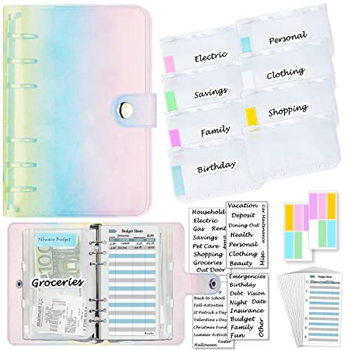 A6 PVC-Hefter mit bunter Regenbogenfarbe, 6-Ring Mini-Hefter, Größe 7,6 x 4,92 Zoll, 4 Mini-Taschen mit Reißverschluss, 6 Budget-Blätter, 24 Kategorietiketten für Geldumschläge, 6 Etikettenaufkleber