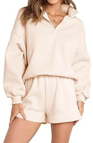 AUTOMET Damen Oversized 2-teilige Lounge-Sets Herbst Outfits 2023 Langarm Gemütlich Casual Pyjama Shorts Sweatsuit Sets, aprikose, S