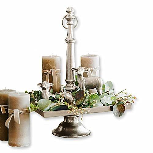 Loberon Stylebox Osterlamm, edles Oster-Set, Etagere, Kerzen, Girlande & Deko-Lamm, Ostern, Osterdekoration, Dekoobjekte, Aluminiumguss, Wachs, Eisen, Silber
