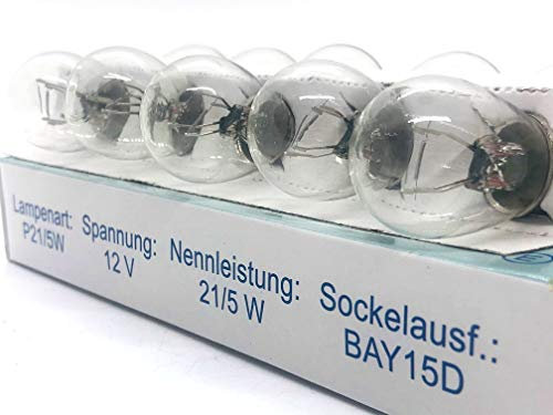 Maxxoni 10x Stück P21/5W 12V KFZ Auto Beleuchtung Glühlampe Autolampen Glassockel Long Life (10x P21/5W)