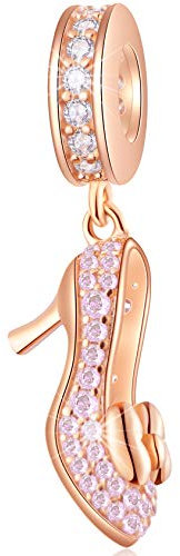 Rosé gold funkelnde High Heel Schuh CZ Anhänger Charms mit Bowknot, 925 Sterling Silber Stiletto Dangle Perlen passen Pandora Reise Armband, Geschenk für Party/Frau/bester Freund/Geburtstag