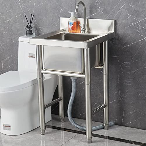 Free Standing Kitchen Sink Stainless Steel Sink Units Single Bowl Utility Sink Hand Wash Basin with Tap for Outdoor Indoor Garden Laundry Room Garden