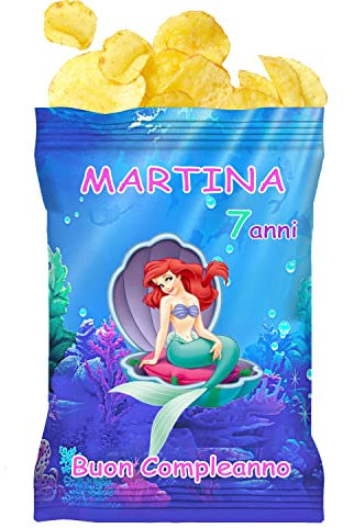 10 Buste Patatine Personalizzate Festa Compleanno Sirenetta Ariel da 25gr. monoporzione Regalini Gadget fine festa a tema bambini