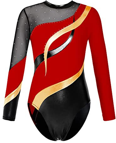 iEFiEL Mädchen Metallic Turnanzug Langarm Gymnastikanzug Tanzbody Leotard mit Strass Glänzende Ballett Trikot Turnkleidung Tanzkostüm X Rot 134-140