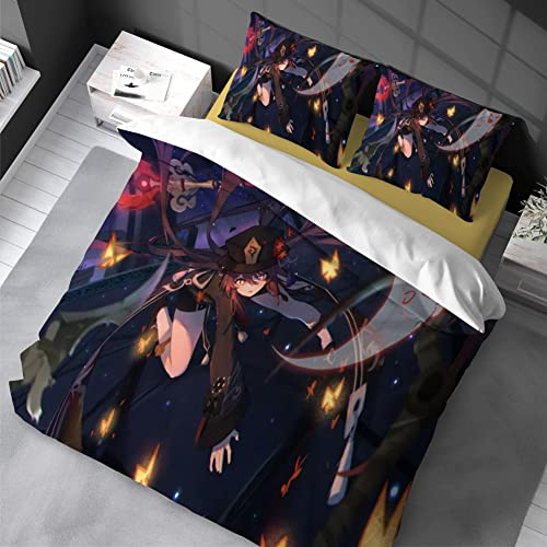 Bettwäsche Anime 3 Stück Niedlichen Bettwäsche Set mit Reißverschluss und 2 Kissen Weiche Flauschige Atmungsaktive Geeignet Für Otaku Und Anime-Fans (Genshin Impact HT9, 135x200cm+80×80cm×2)