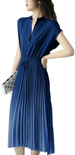amropi Damen Falten Kleider Kurzarm Farbverlauf Kleid V Ausschnitt Sommer Freizeitkleid Blau,M