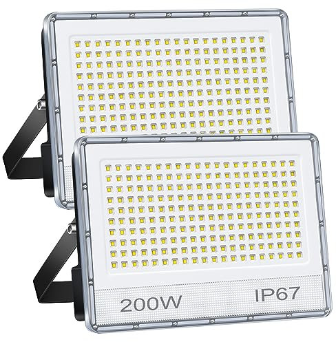 ANNIFUNLY 2PC Focos LED Exterior 200W, 20000LM Floodlight Super Brillante, Proyector LED 6500K Blanco Frío, Foco Reflector LED IP67 Impermeable Focos LED para Garaje Jardín Patio Parque