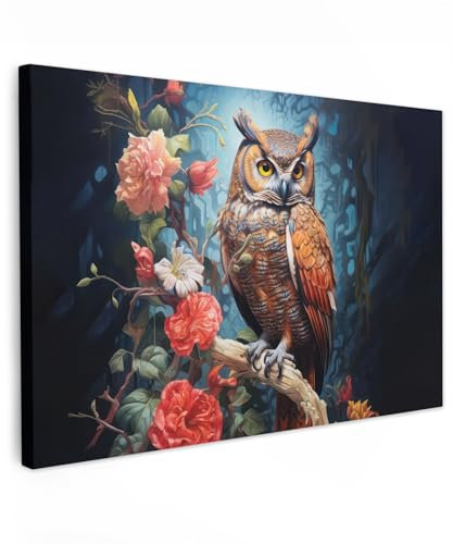 MuchoWow© Leinwand Bilder Klein 30x20 cm Mini Wanddeko Wohnzimmer Aesthetic Room Decor Deko Zimmer Wandbilder Modern Fotogeschenke Eule - Blumen - Vögel - Rosa
