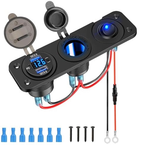 Linkstyle 12V USB Car Charger Socket Panel, Dual QC3.0 A & PD Type C Power Outlet Fast Charge Adapter with Cigarette Lighter LED Voltmeter Toggle Switch for 12V/24V Truck Marine Boat RV ATV