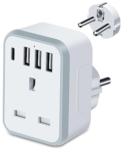 UK to European Plug Adapter,Schuko European Plug Adapter with 3 USB Ports and 1 Type C,Grounded EU Europe Power Adapter for Germany Spain France Turkey Greece Iceland Poland and More(Type E/F (1 PACK)