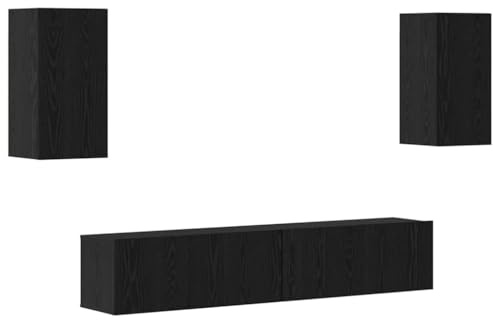 Wall Mounted TV Stand Set 4 Pieces Black Oak Engineered Wood Entertainment Center with Storage Shelves and Cabinets for Living Room, Modern Media Console Table 80x30x30 cm