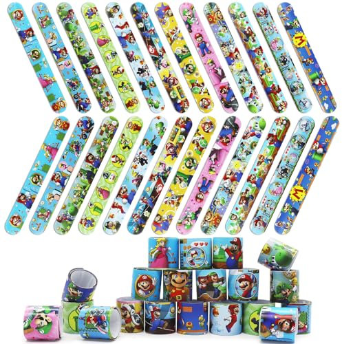 30 Pezzi Braccialetti Slap per Bambini, Bracelets Gadget a Scatto Bracciali Divertenti Rotoli in Vinile per Bambini, Ragazze e Ragazzi Feste Compleanno Birthday (Mario)