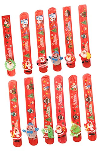SAFIGLE LED Klatscharmbänder Weihnachten 12 Stück Slap Band Party Deko Lustiges Kinderspielzeug Handgelenkschmuck mit Weihnachtsmotiven Festliche Armbänder für Kinder und Familie Rot Plastik
