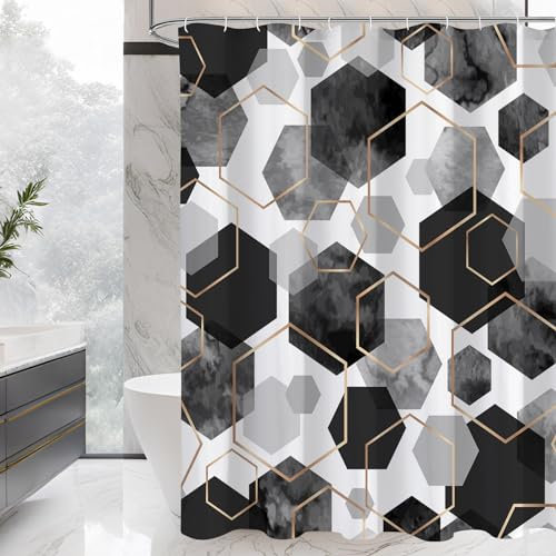 Litabel Rideau de douche moderne noir et gris pour salle de bain, décoration artistique géométrique, rideau de bain imperméable, ensemble de rideaux de douche en tissu abstrait pour décoration
