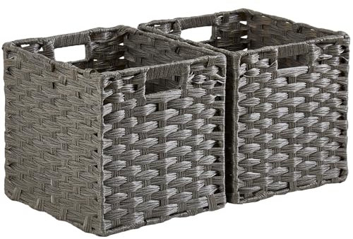 Mangata Cubos de almacenamiento de 28 x 28 cm, cestas de almacenamiento de ratán sintético, organizador decorativo para armario, impermeable, no mohoso (Gris, paquete de 2)