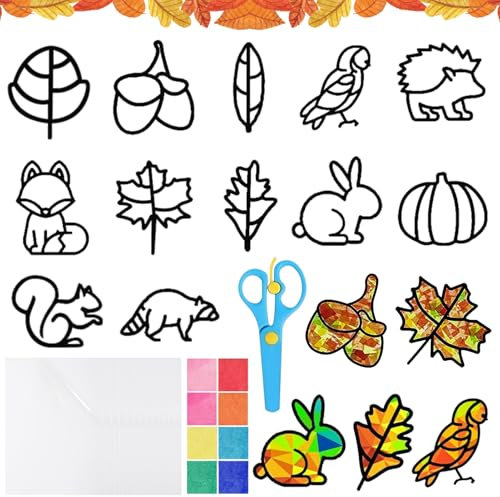 JWDMHSJ Herbst Bastelset für Kinder, 12 Stück Fensterbilder Basteln, Bastelvorlagen, DIY Spielzeug zur Herbstdeko (A)