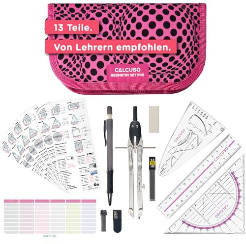 CALCUSO GEOMETRIE SET PRO in pinker Federmappe/Federmäppchen mit Zirkel und Geodreieck - Praktisches Mäppchen für Schule, Uni, Büro und Zeichnungen - Ideal als Geometrie-Set für die Schule