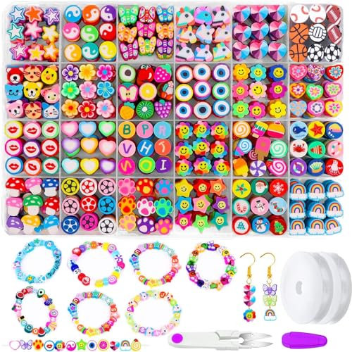 Barlone 480 Stück Perlen für Armbänder Kinder, 24 Muster Obst Blumen Polymer Clay Perlen, Perlenset für Armbänder Selber Machen Kinder, für DIY Handwerk Halskette Ohrringen Geburtstagsgeschenke