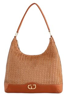 Geflochtene Hobo-Tasche aus Kunstleder mit goldenem Metalllogo und seitlichen Nieten. Für einen kühnen und anspruchsvollen urbanen Stil. Abnehmbarer und verstellbarer Schultergurt (COGNAC), cognac