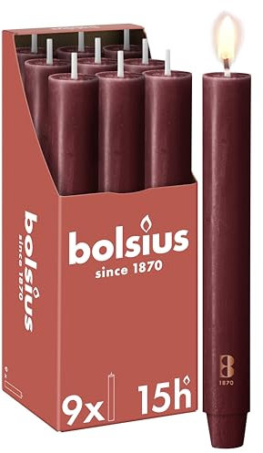 Bolsius - Stabkerze XL Rustik - 23 x 3 cm - bordeauxrot - im Karton zu 9 Stück - Länge Brenndauer 15 Stunden - Unparfümierte - Enthält Natürliches Pflanzenwachs - Ohne Palmöl