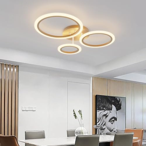 KeLuKes Moderne Deckenlampe Compatible with Alexa, Smarte 3/4/5/6 Ringförmige Deckenleuchte, 3000K-6500K Einstellbar, 60W/46W/82W, LED Dimmbar Leuchte für Schlafzimmer Wohnzimmer,Gold,59cm
