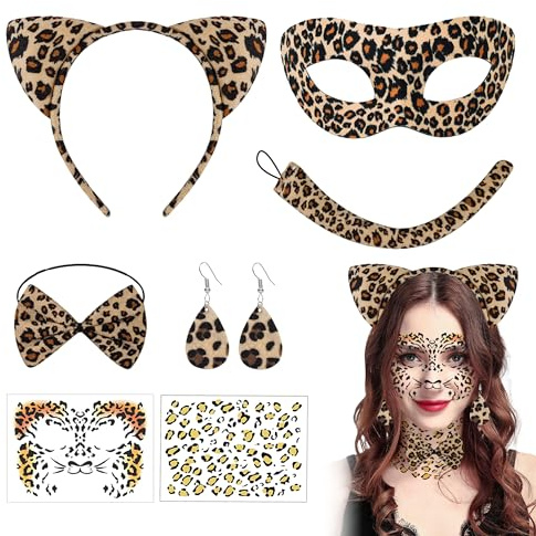 PYSEOSISE Leoparden Kostüm Set, 7 Stück Leopard Kostüm Damen, Leoparden Ohren Haarreif Schwanz Maske Fliege Ohrringe und Leopard Tattoo Aufkleber für Damen Halloween Karneval Party