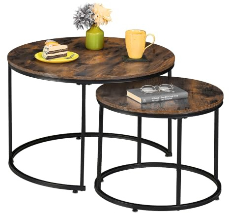 Relaxdays Satztisch, 2er Set, Holzoptik & Metall, Industrial-Design, runde Beistelltische, Wohnzimmer, braun/schwarz | Industrial-Design, runde Beistelltische, Wohnzimmer