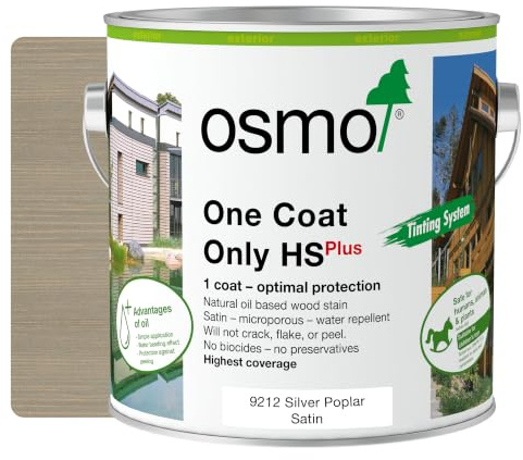 Osmo One Coat Only HS Plus 9212 Transparent Silver Poplar 2.5L – High Coverage Exterior Wood Stain for Cladding & Fencing – One Coat Protection – Water & UV Resistant Satin Finish