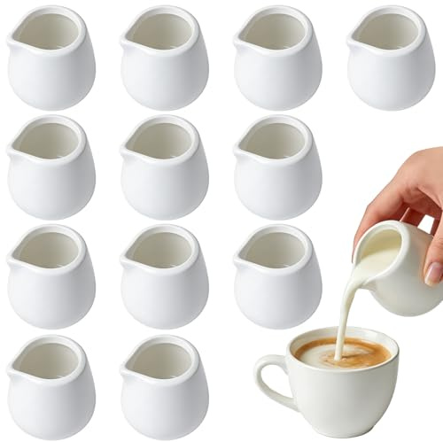 Lot de 12 pots à lait en porcelaine - 50 ml - Petit pot à lait en céramique sans poignée - Verseur à expresso - Pichet à mousse - Mini cruche à crème pour cappuccino, lait, latte art, sauces
