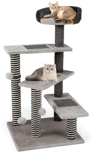 COSTWAY Kratzbaum Hundetreppe, 93 cm, Katzentreppe mit Jute-Kratzpfosten, 3 Plattformen, Sisal-Kratzmatten & Liegebett, bis 15 kg, Tiertreppe für Bett Sofa Couch, für kleine alte Katzen Hunde, Grau