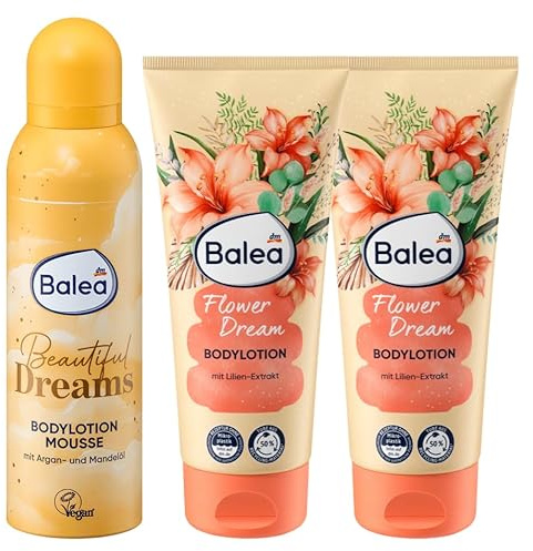 Balea Beautiful Dreams Mousse + Flower Dream Bodylotion mit Lilien-Extrakt | 1 × 200 ml + 2 × 200 ml, süßer Pistazien- & blumiger Lilien-Duft, pflegend, schnell einziehend, für geschmeidig zarte Haut