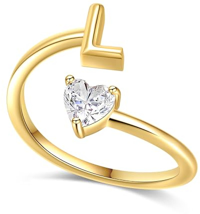 Fezodo Ring Damen Gold, 18K Gold Vergoldet Herz Ring mit Buchstaben Personalisiert Zirkonia Ringe Wasserfest Ringe Goldschmuck Valentinstag Geschenke für Frauen Freundin Mädchen
