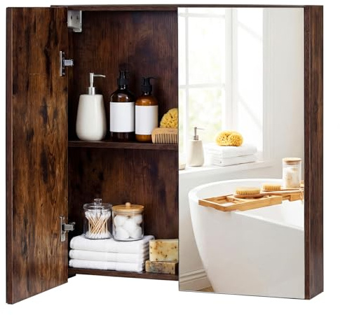 COSTWAY Spiegelschrank Bad, Badezimmerschrank mit 2 Spiegeltüren & Ablage, Badschrank, Hängeschrank, Wandschrank holz für Schmutzräume, Eingangsbereiche & Badzimmer, 62 x 11 x 65 cm (Rustikales Braun)