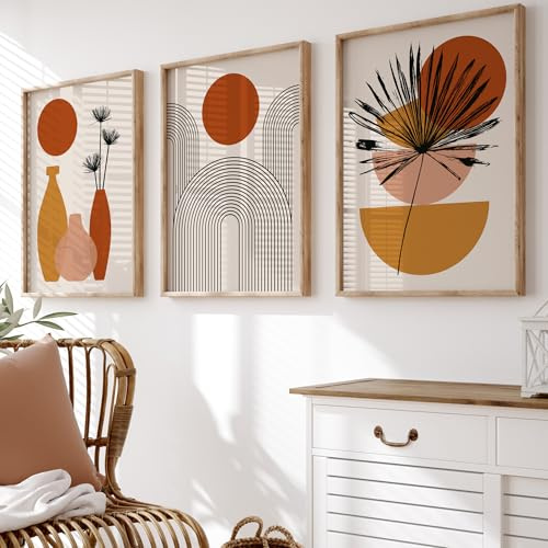 BlissPrintStudios Set of 3 Terracotta Boho Wall Art Prints, Mid Century Modern Vase Palm Leaf Arch Decor, Burnt Orange Mustard Abstract Poster, Gallery Wall