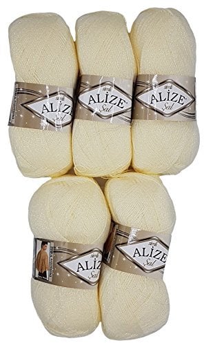 5 x 100 g Alize Glitzerwolle SAL zum Stricken und Häkeln, 500 Gramm Metallic – Wolle (creme 01)